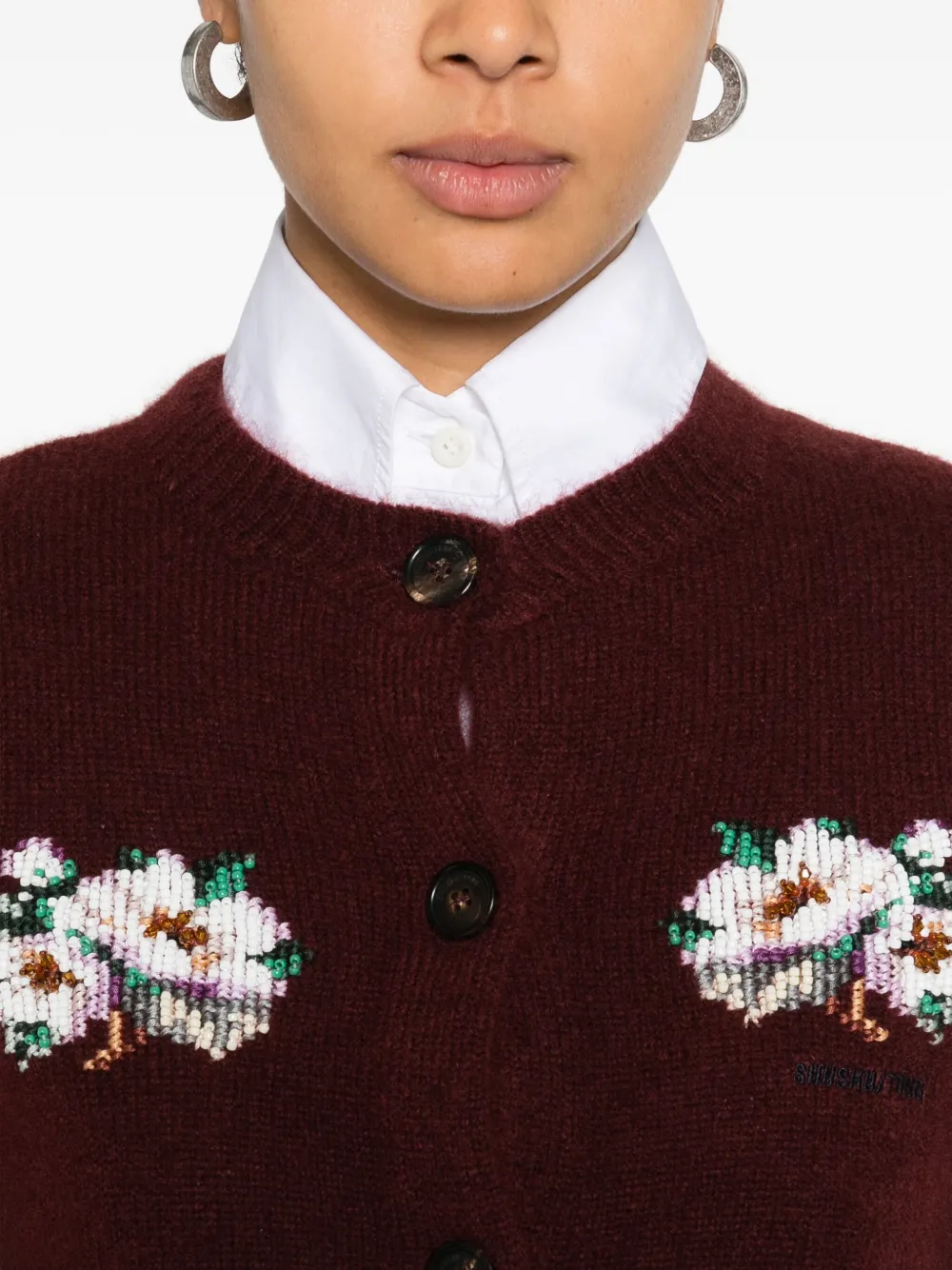SHUSHU/TONG Floral-appliqué Buttoned Cardigan in Red, view 5
