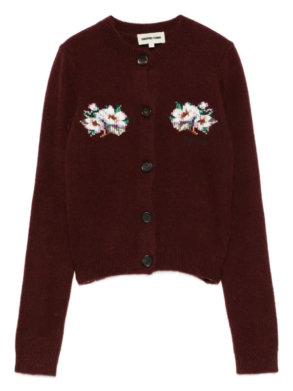 Shushu/Tong Floral-appliqué Buttoned Cardigan in Red