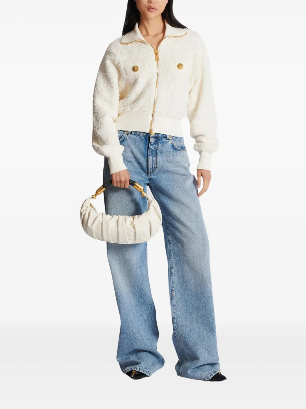 Balmain Medium Ebene geplooide shopper van kalfsleer - Wit