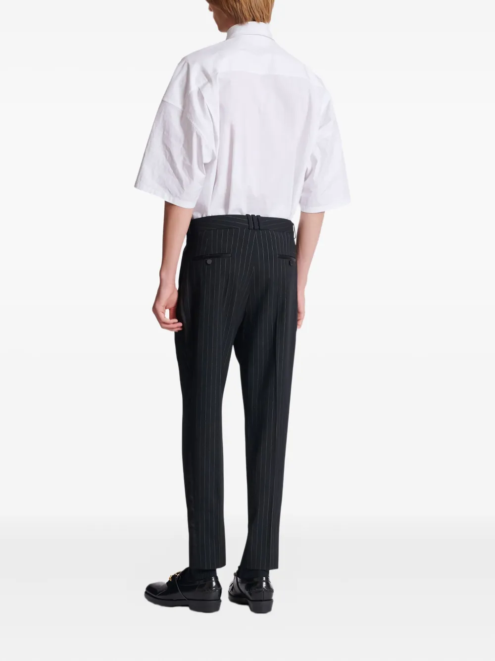 Balmain Pinstripe-pattern Wool-blend Trousers In Black