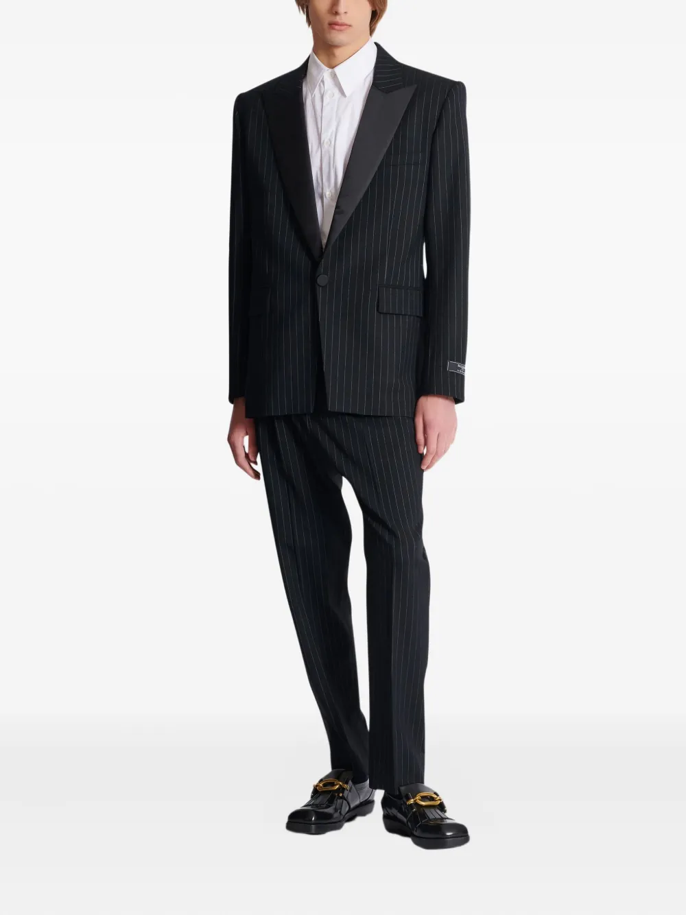 Balmain Pinstripe-pattern Wool-blend Trousers In Black