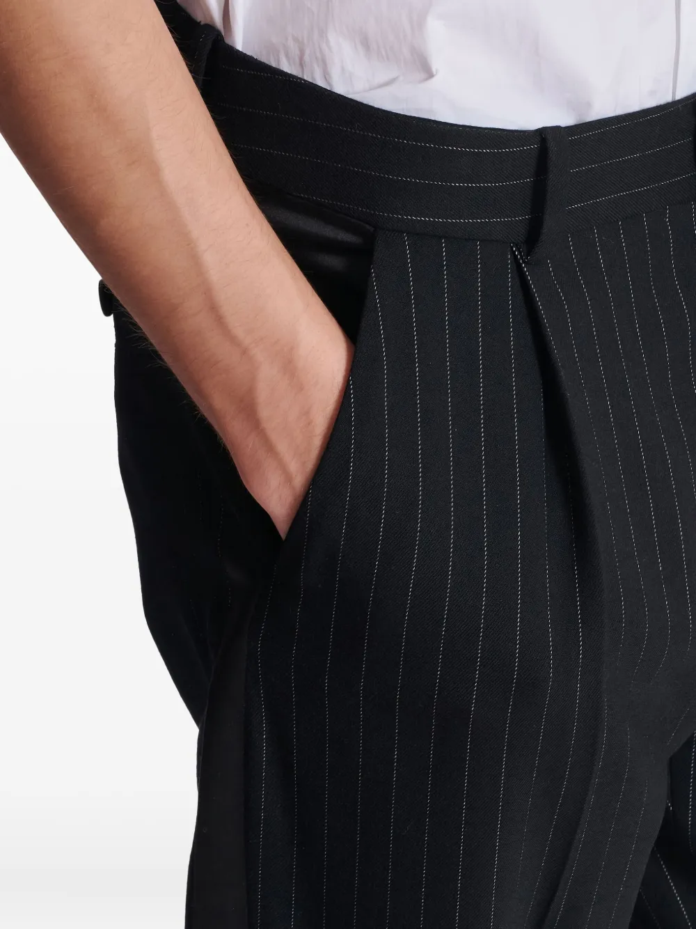 Balmain Pinstripe-pattern Wool-blend Trousers In Black