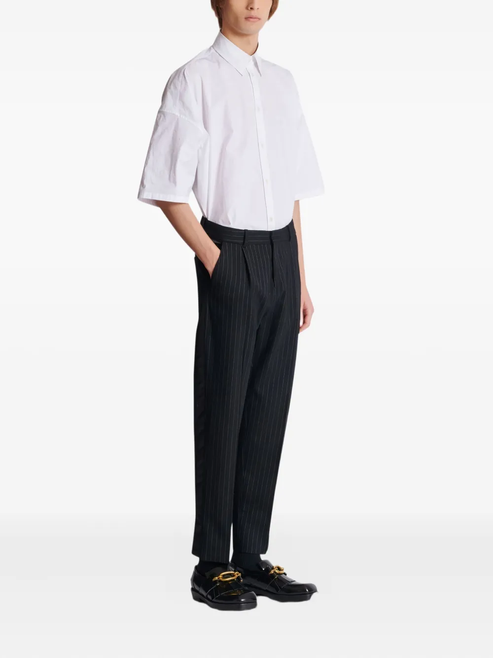 Balmain Pinstripe-pattern Wool-blend Trousers In Black
