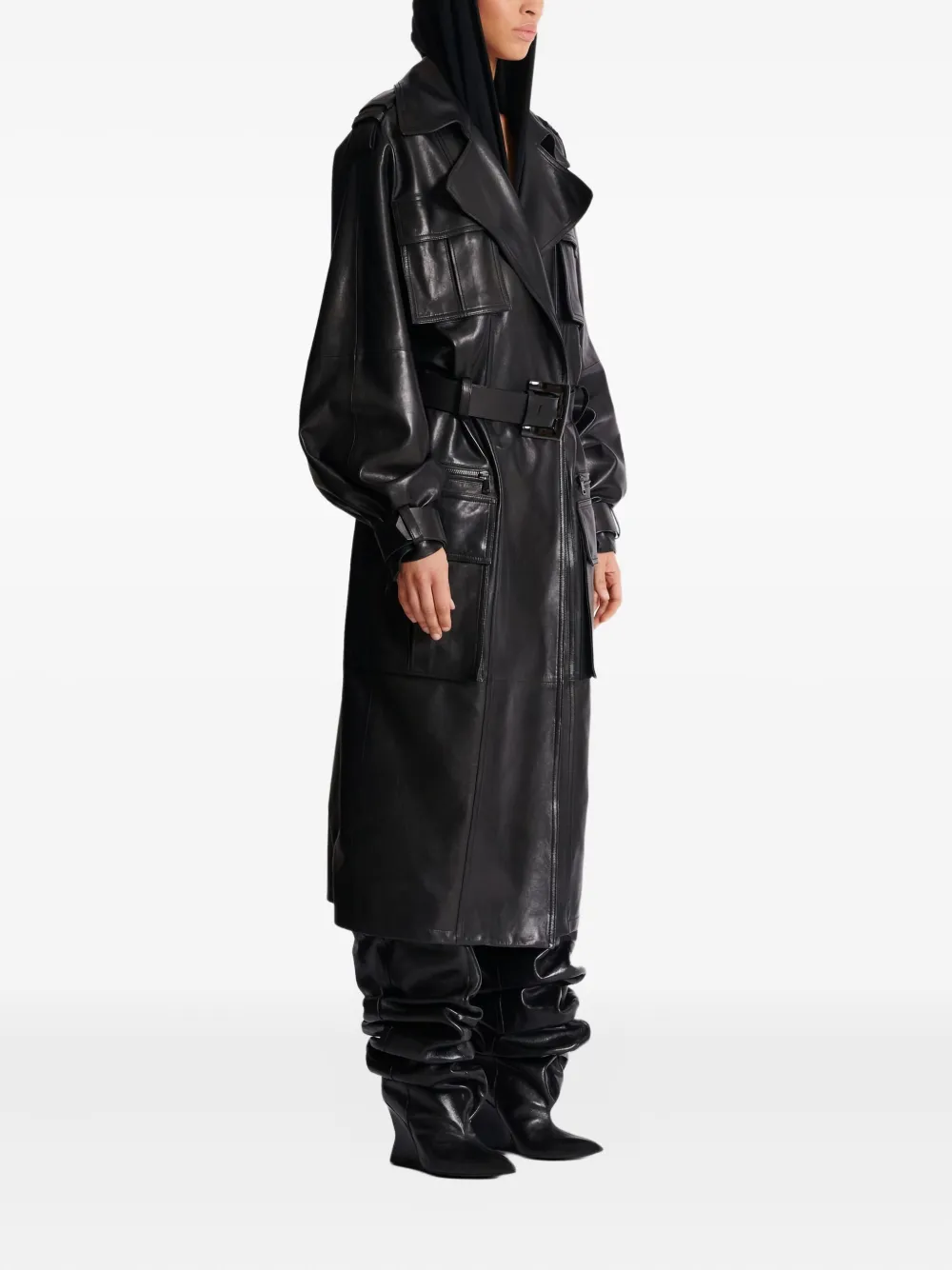 Balmain Lambskin Belted Trench Coat In Black