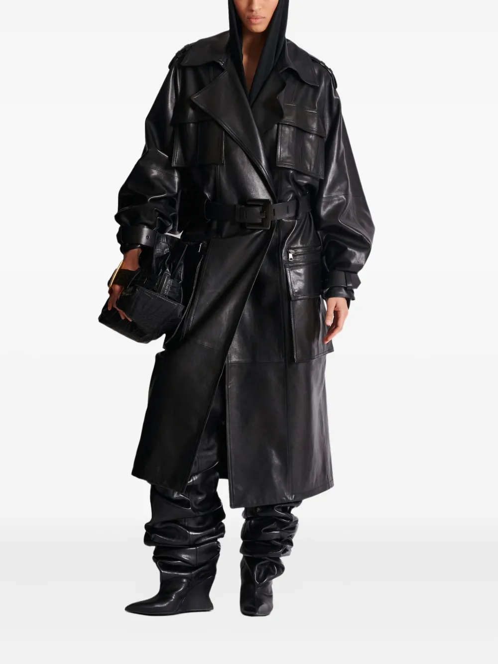 Balmain Lambskin Belted Trench Coat In Black