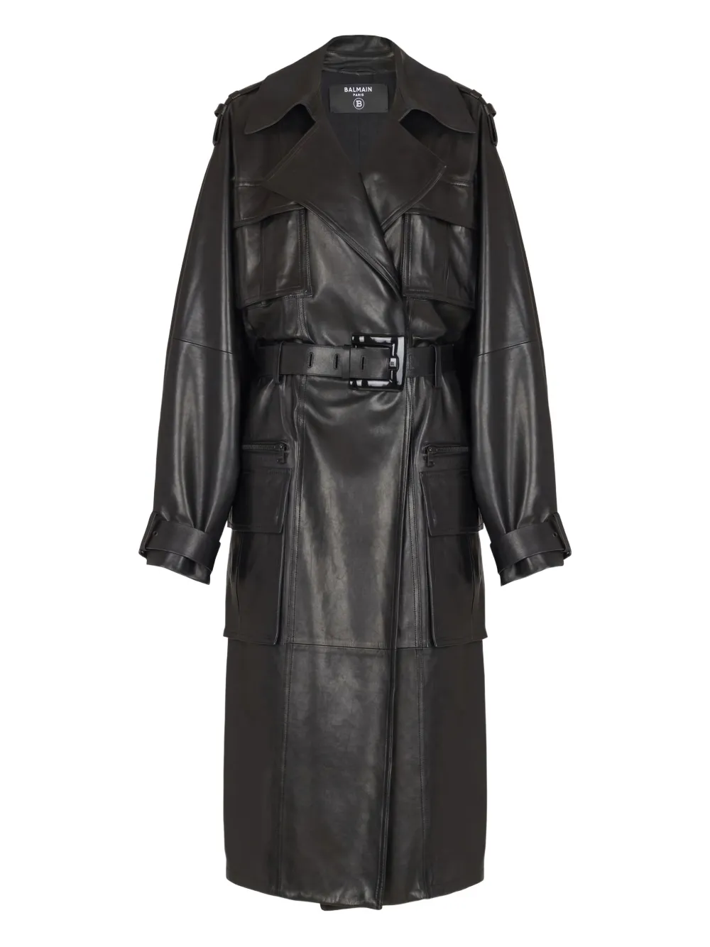 Balmain Lambskin Belted Trench Coat In Black