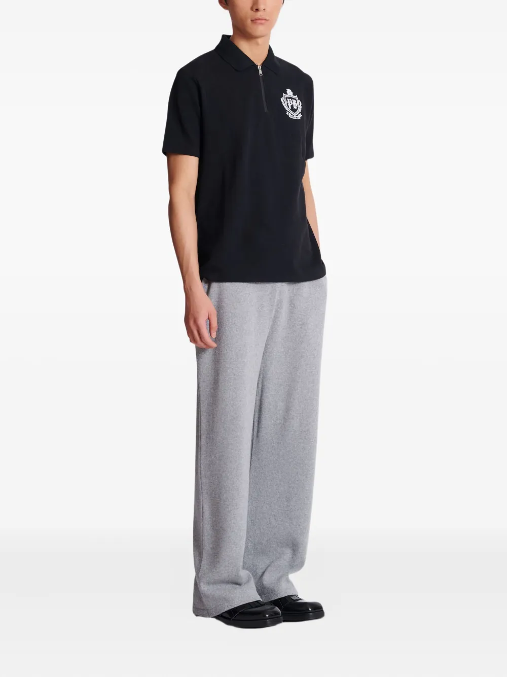 Balmain Short Sleeve Zip Collar Polo Shirt In Black
