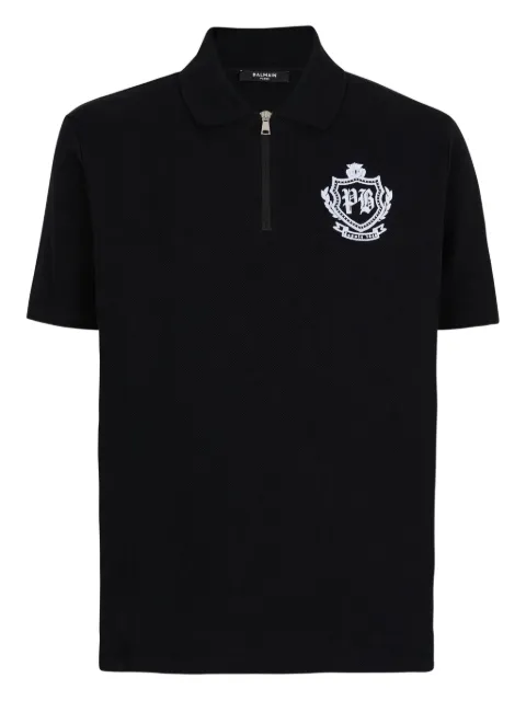 Balmain emblem-embroidered half-zip polo shirt
