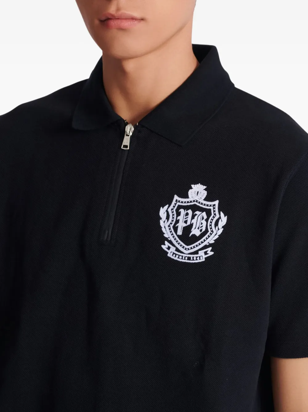 Balmain Short Sleeve Zip Collar Polo Shirt In Black