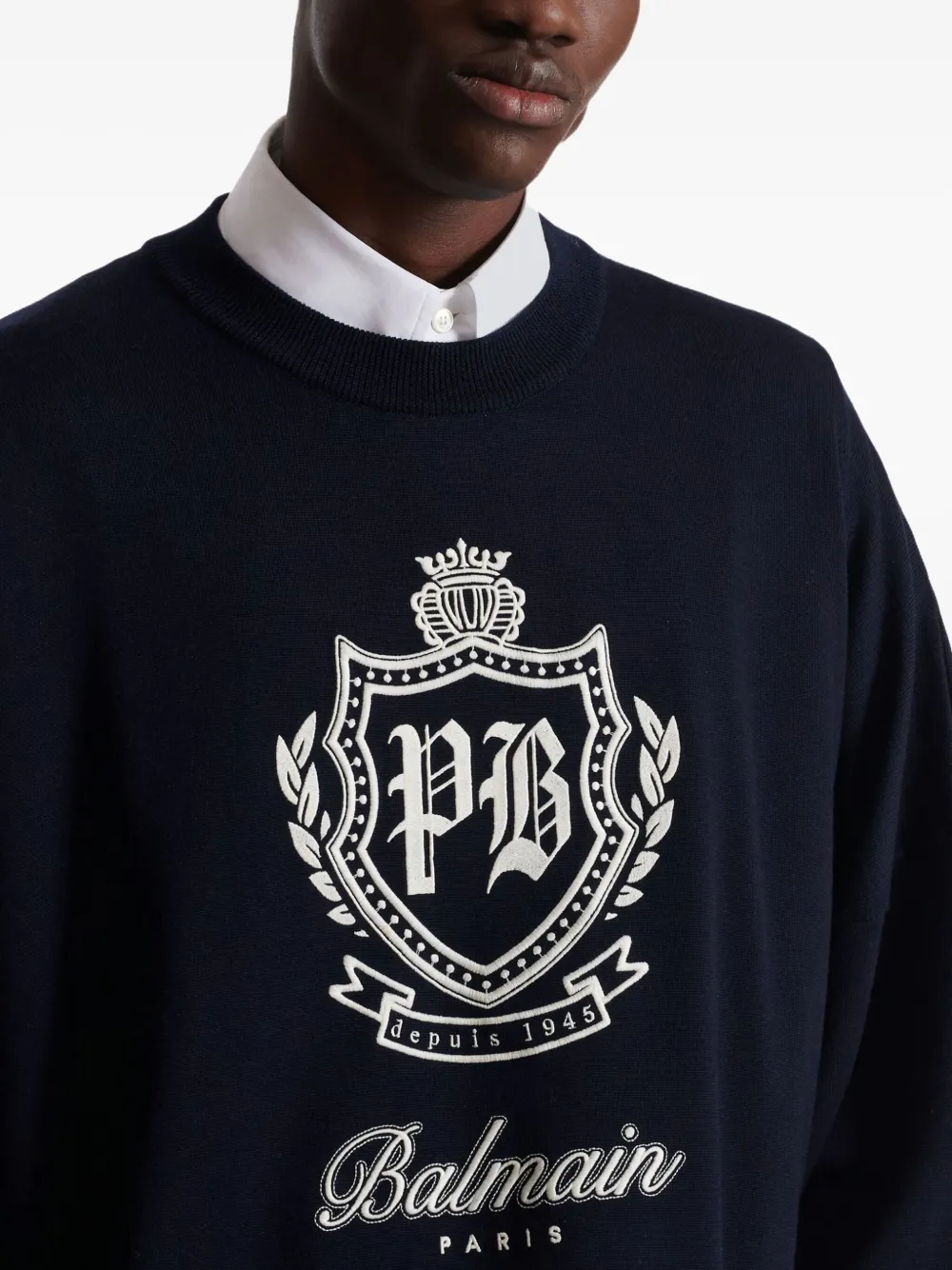 Balmain College Emblem Knit Jumper In Blue