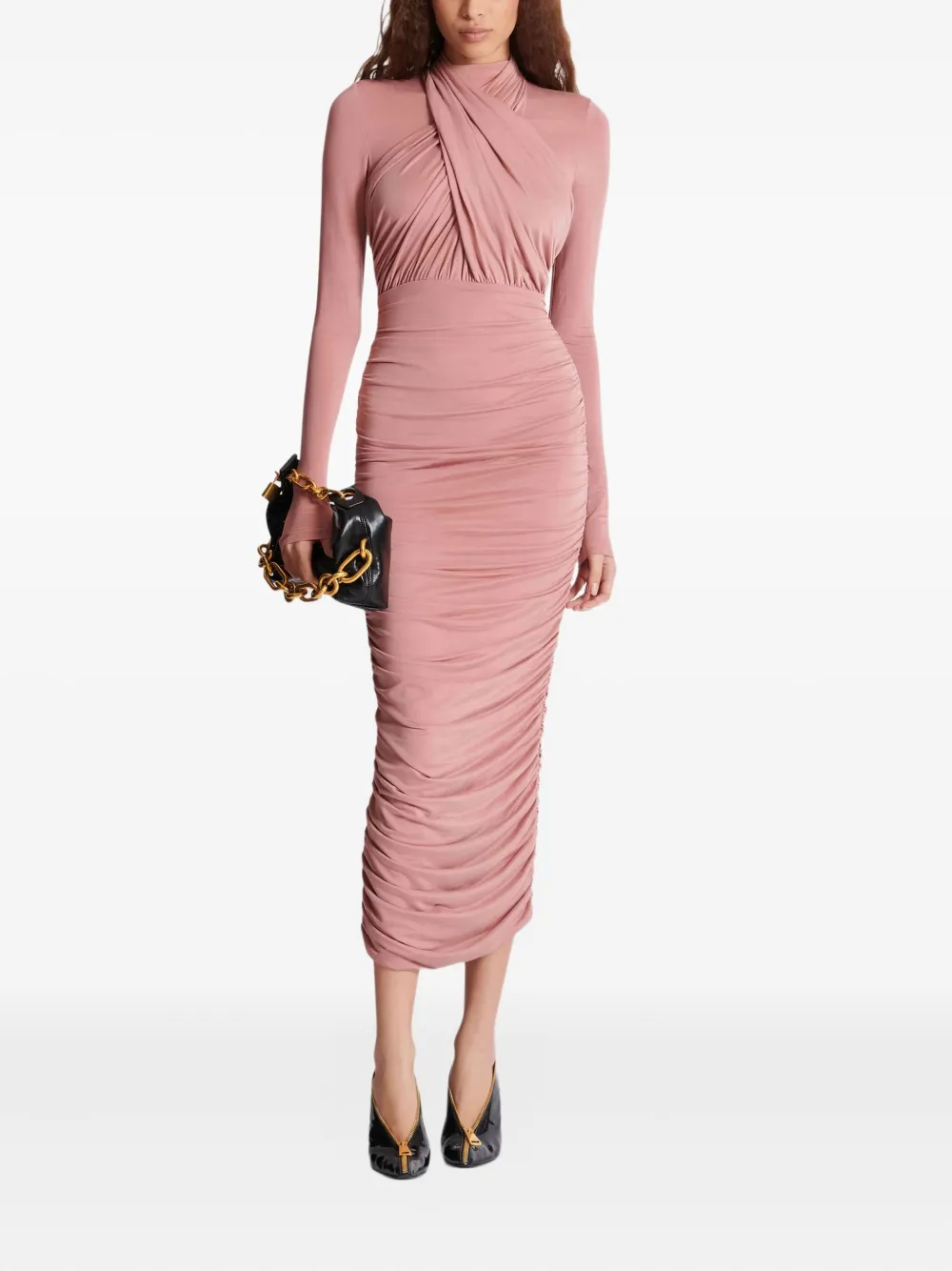 Balmain Geplooide midi-jurk met gekruiste hals - Roze