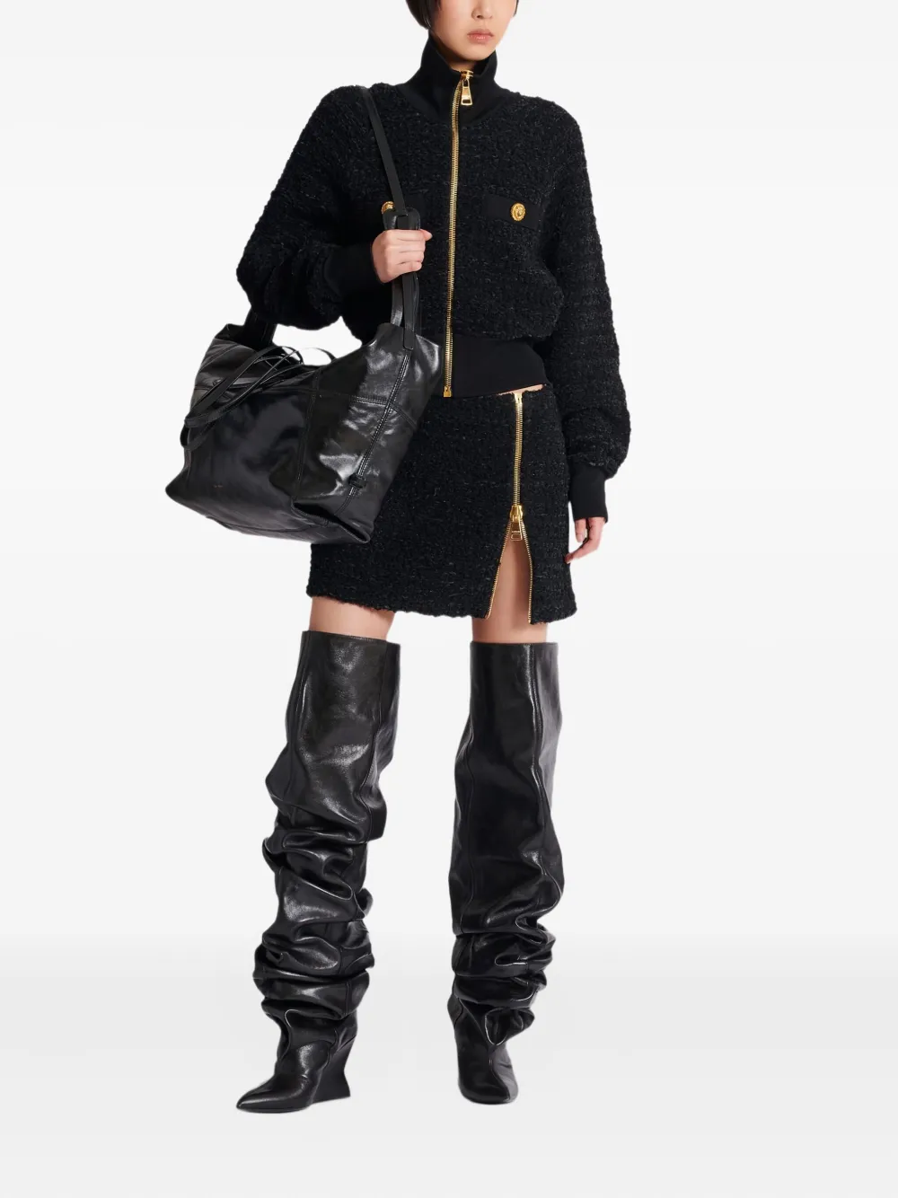 Balmain Textured Fabric Short Jacket With High Collar In Black