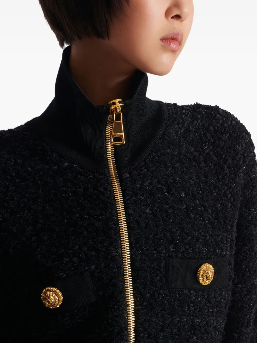 Balmain Textured Fabric Short Jacket With High Collar In Black