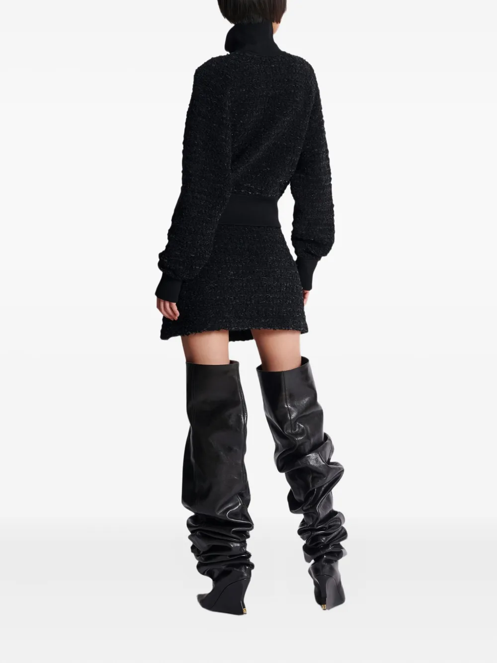 Balmain Textured Fabric Short Jacket With High Collar In Black