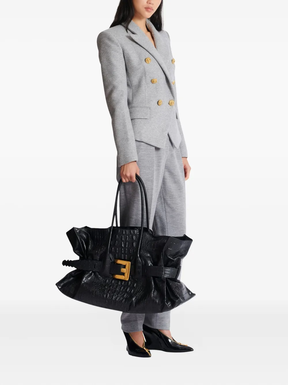 Balmain XL Anthem shopper met krokodillen-reliëf en gesp - Zwart