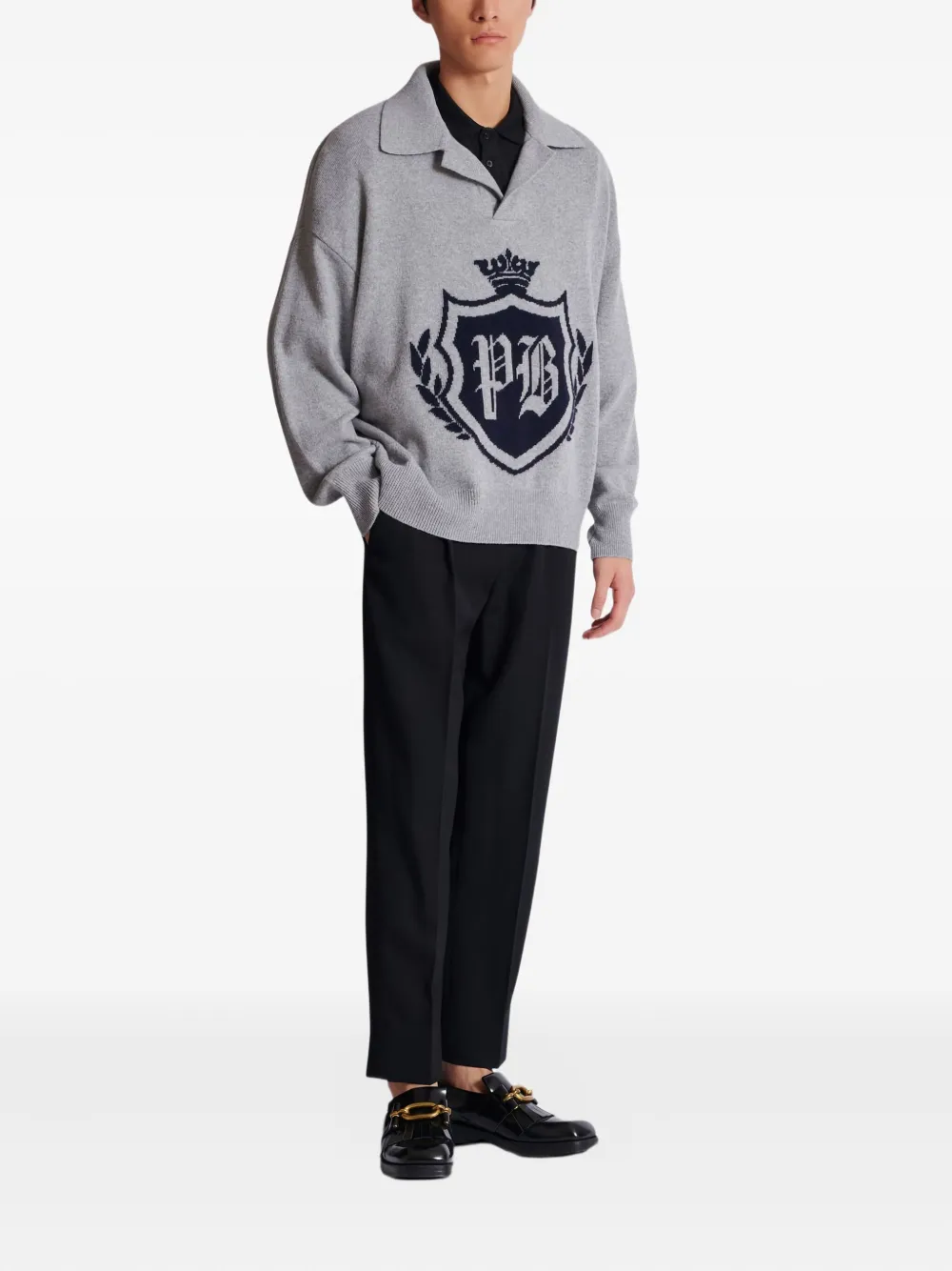 Balmain College Emblem Polo Sweater In Eco-cashmere In Gray