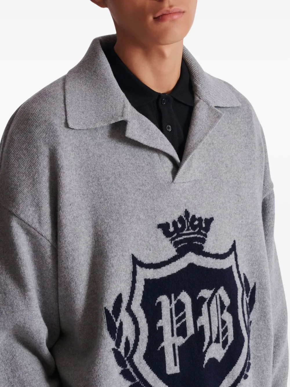 Balmain College Emblem Polo Sweater In Eco-cashmere In Gray