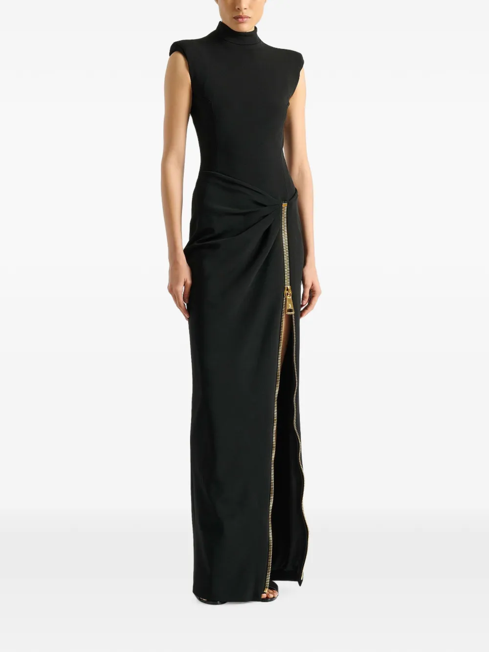 Balmain Maxi-jurk met ritsdetail en schoudervullingen Zwart