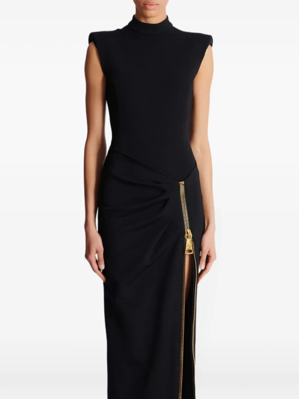 Balmain Maxi-jurk met ritsdetail en schoudervullingen Zwart