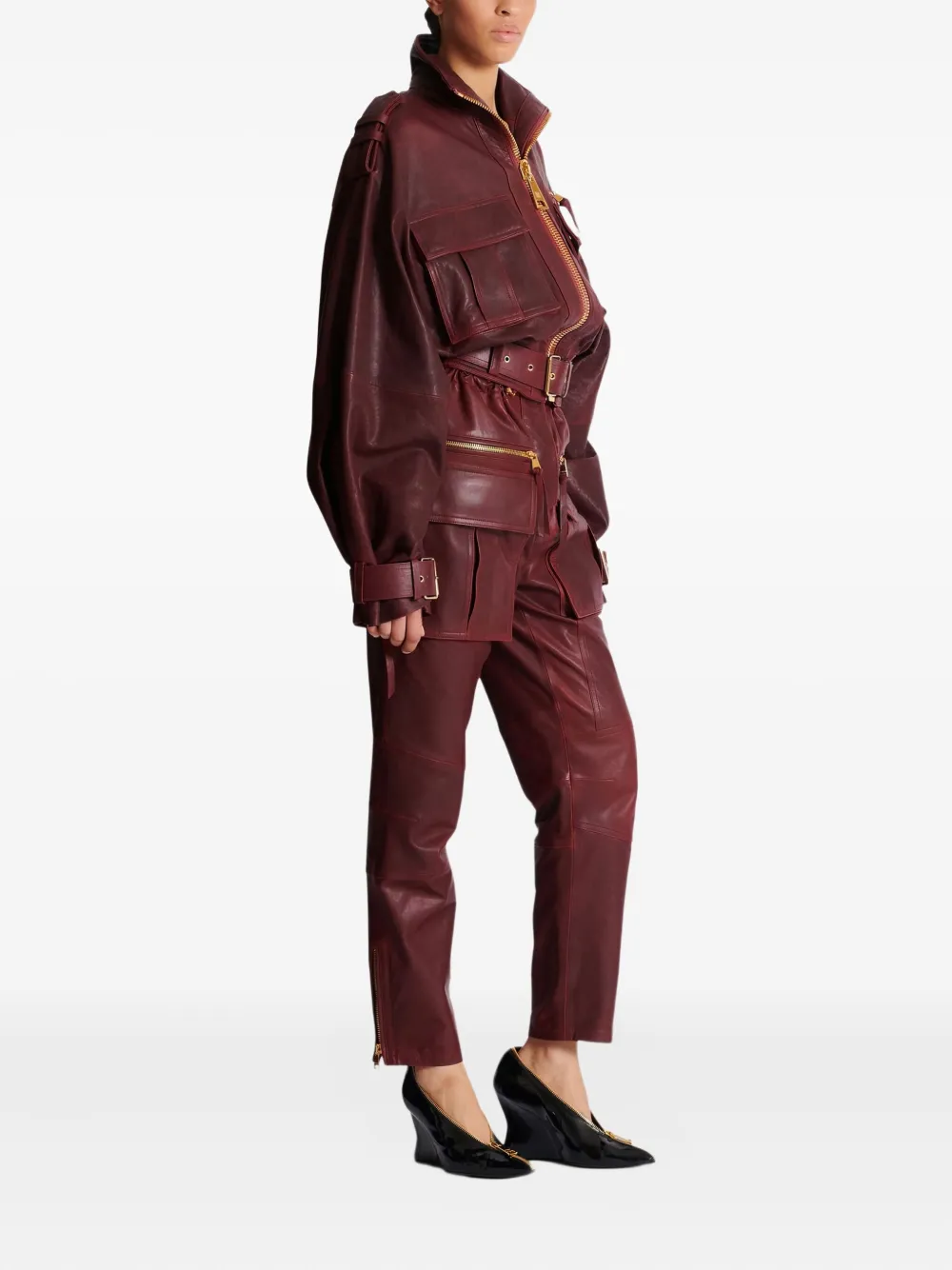 Balmain Belted Lambskin Jacket In Red