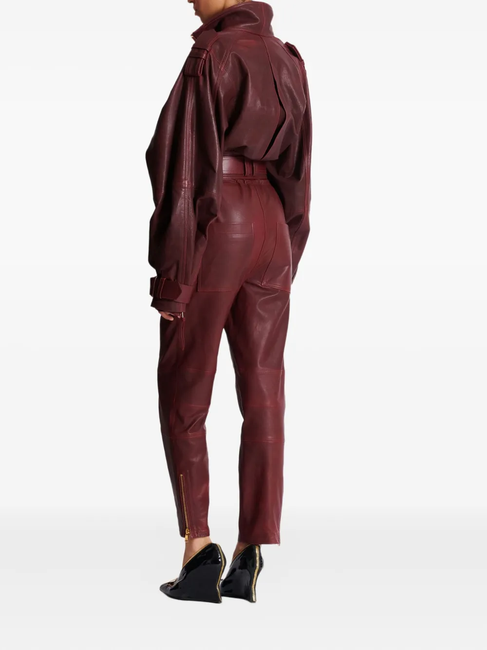Balmain Belted Lambskin Jacket In Red