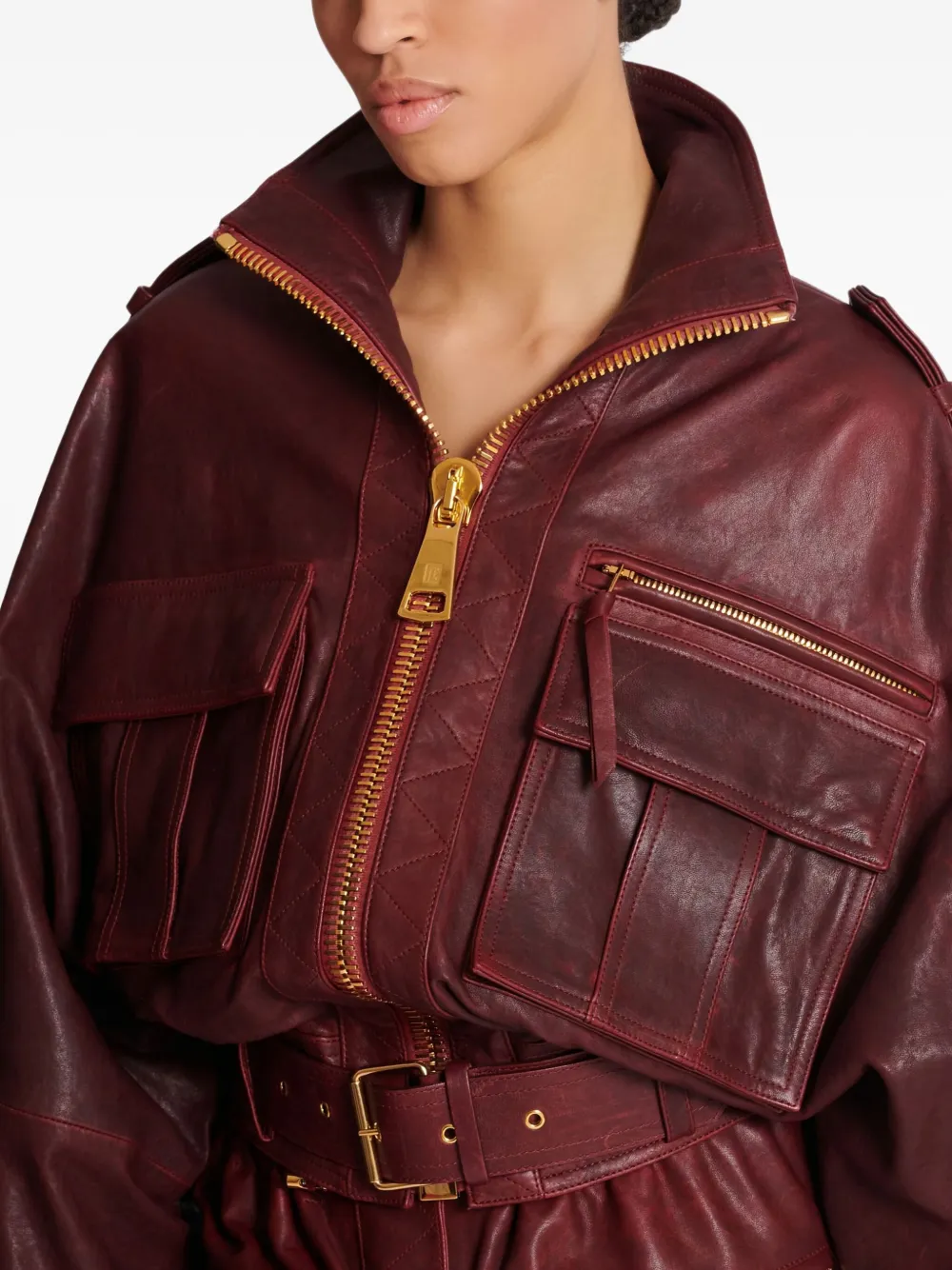 Balmain Belted Lambskin Jacket In Red