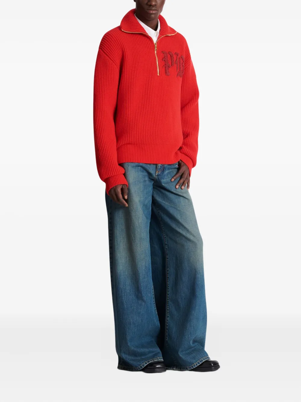 Balmain Ribbed Turtleneck Half-zip Sweater In Red