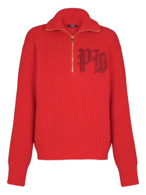 Balmain Gerippter Rollkragenpullover mit kurzem Reißverschluss