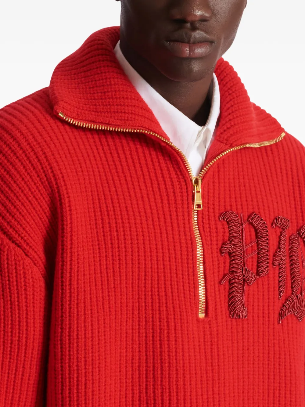 Balmain Ribbed Turtleneck Half-zip Sweater In Red