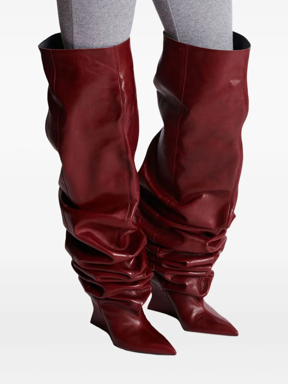 Balmain 95mm calfskin ruched wedge over-the-knee boots Red