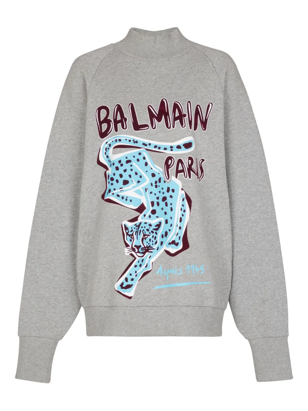 Balmain Cheetah-print Turtleneck Sweatshirt In Gray