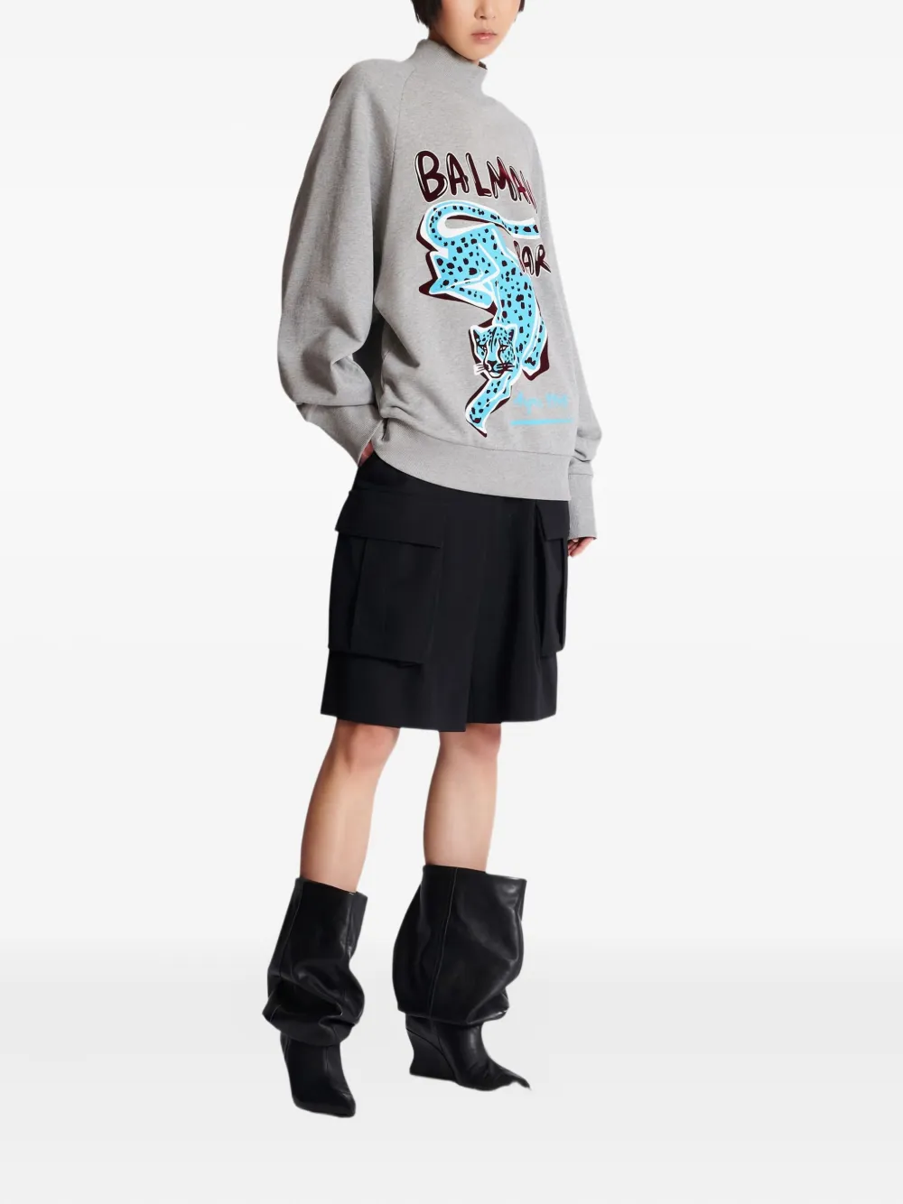 Balmain Cheetah-print Turtleneck Sweatshirt In Gray