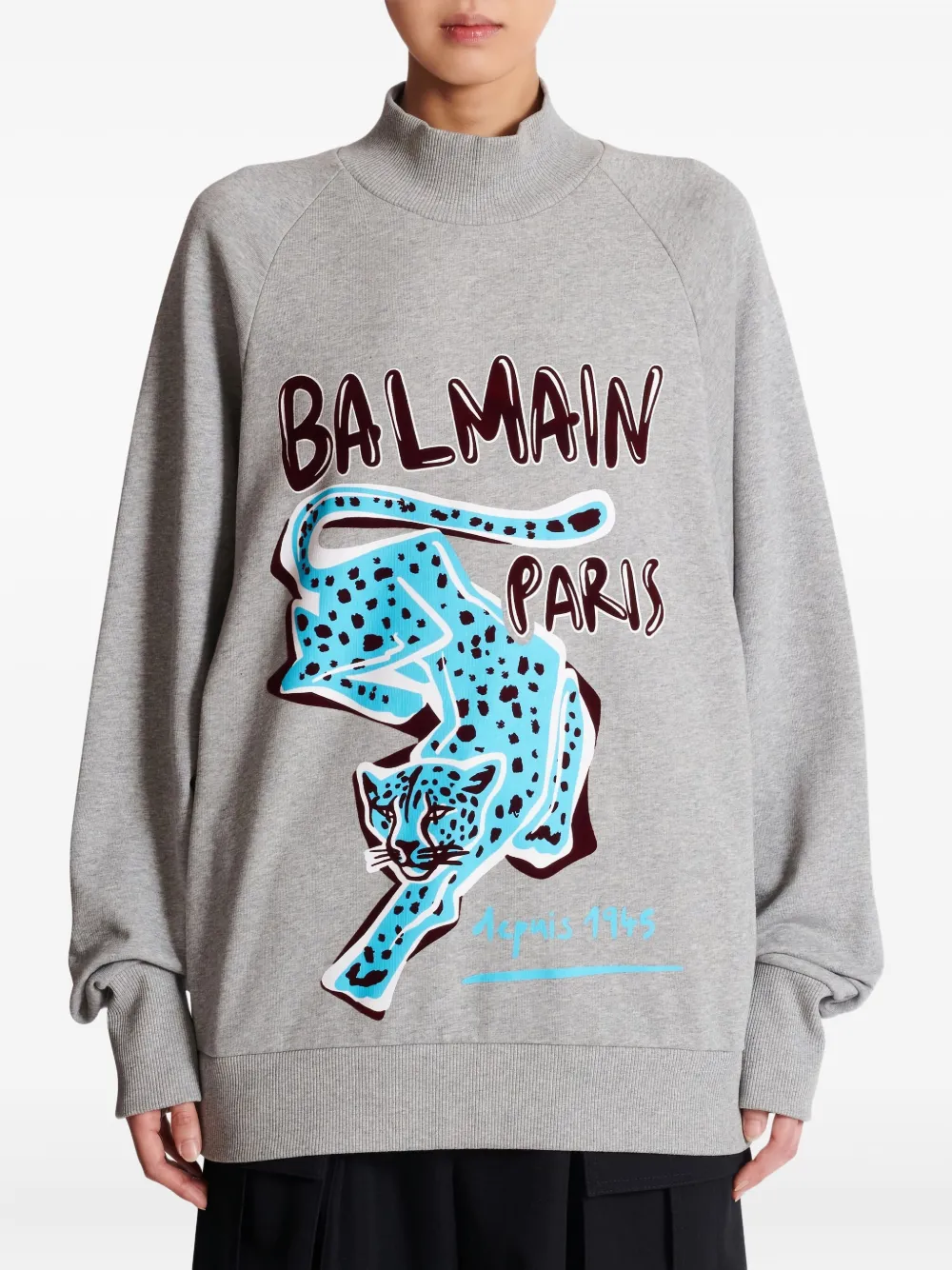 Balmain Cheetah-print Turtleneck Sweatshirt In Gray