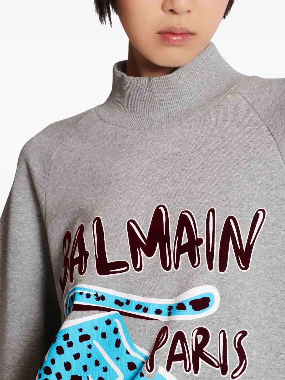 Balmain Cheetah-print Turtleneck Sweatshirt In Gray