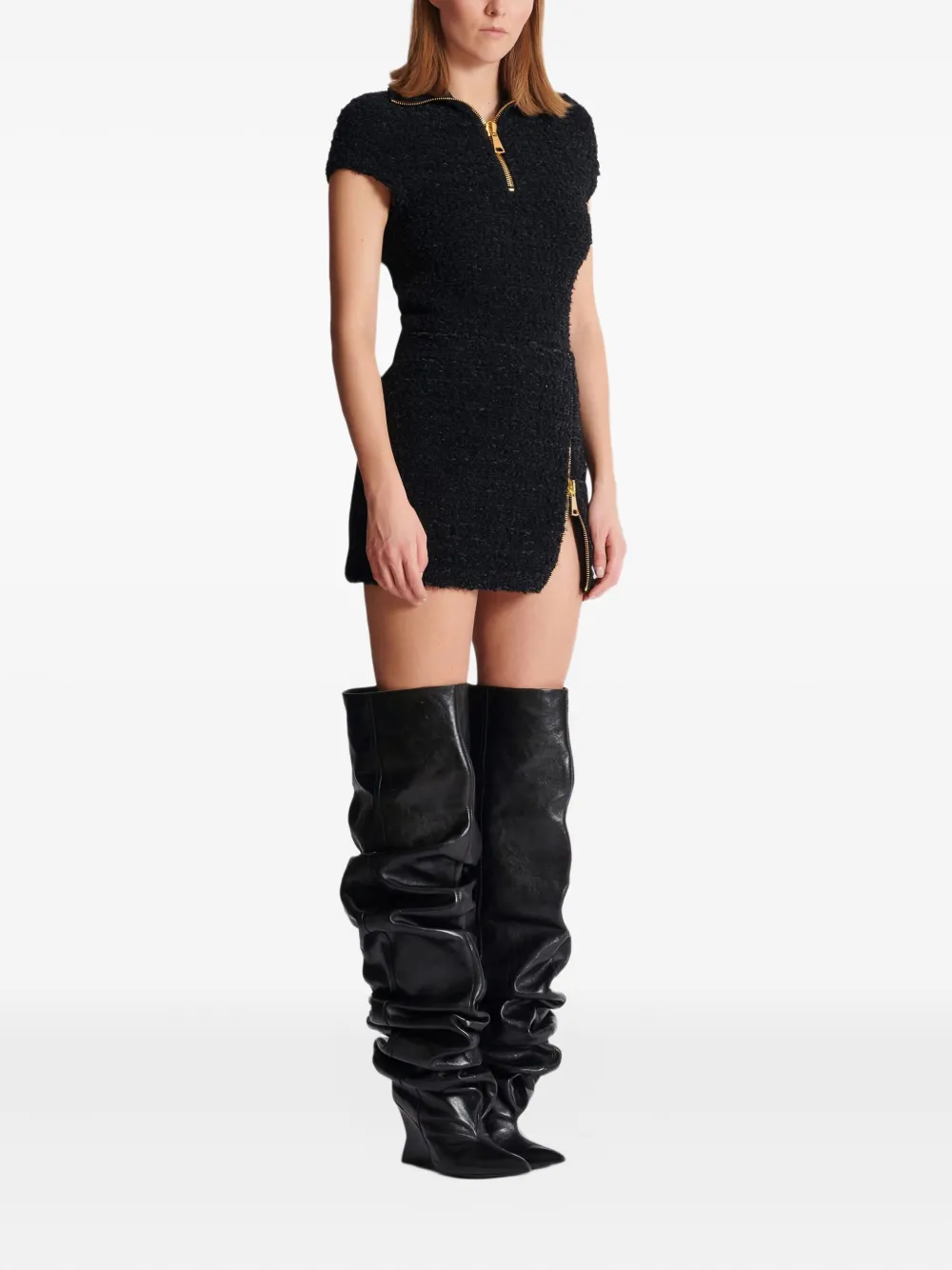 Balmain Short Zipped Tweed Skirt In Black