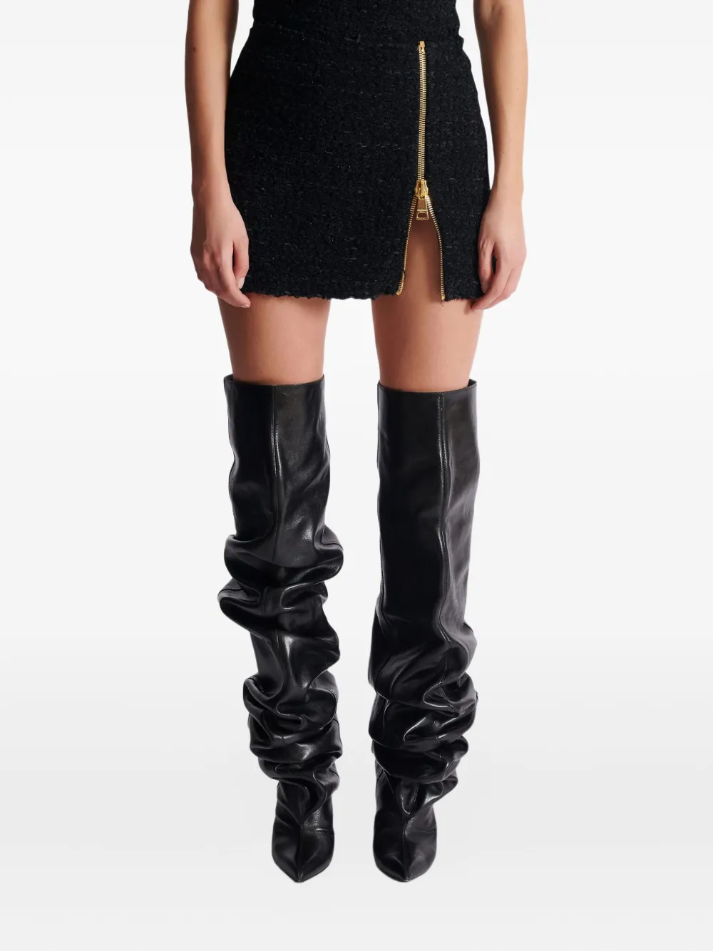 Balmain Short Zipped Tweed Skirt In Black
