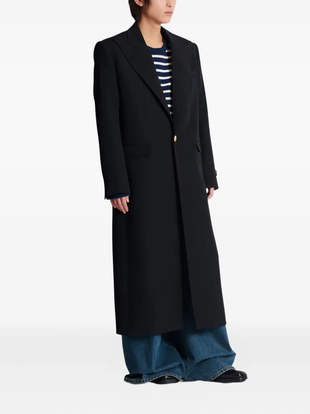 Balmain Long Coat In Grain De Poudre Wool In Black
