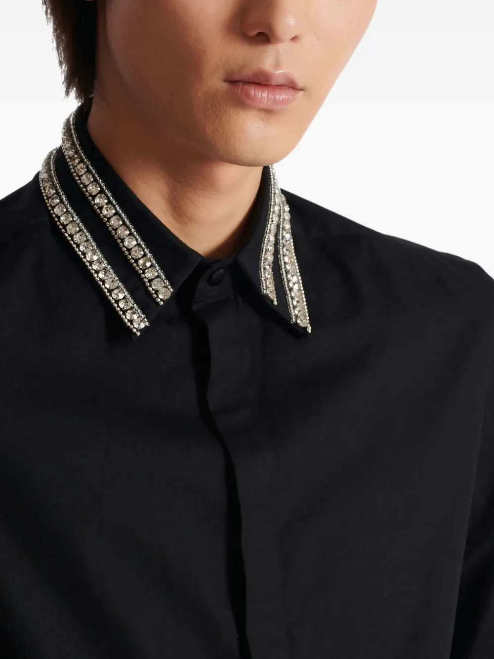 Balmain Crystal-embellished Collar Shirt In Black