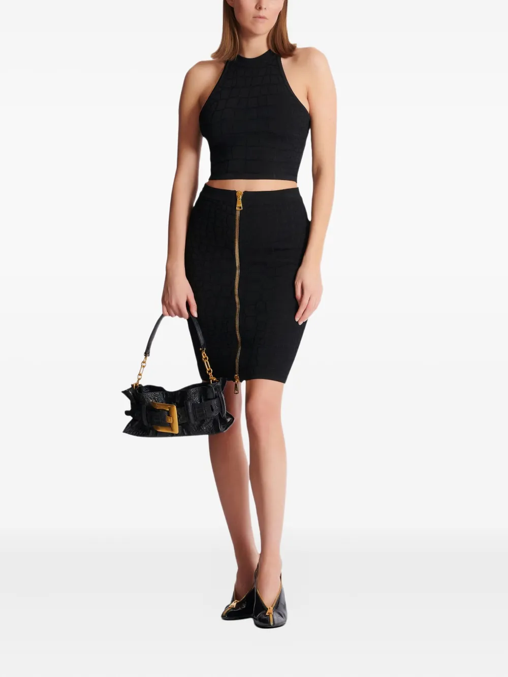 Balmain Halterneck Crocodile-effect Top In Black