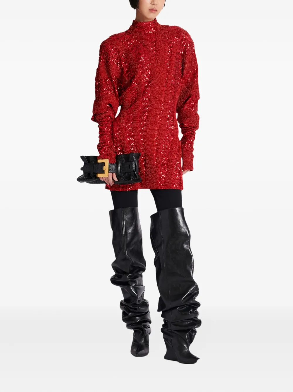 Balmain Mini-jurk met pailletten en gedrapeerde hals - Rood