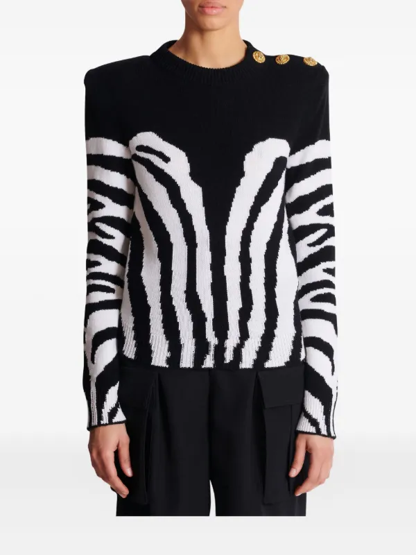Balmain zebra-pattern padded-shoulder Sweater | Black | FARFETCH JO
