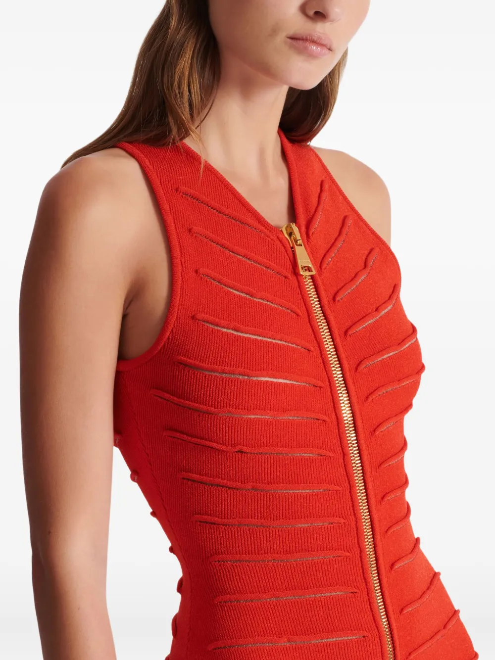 Balmain Long Sleeveless Dress In Crocodile Knit In Orange