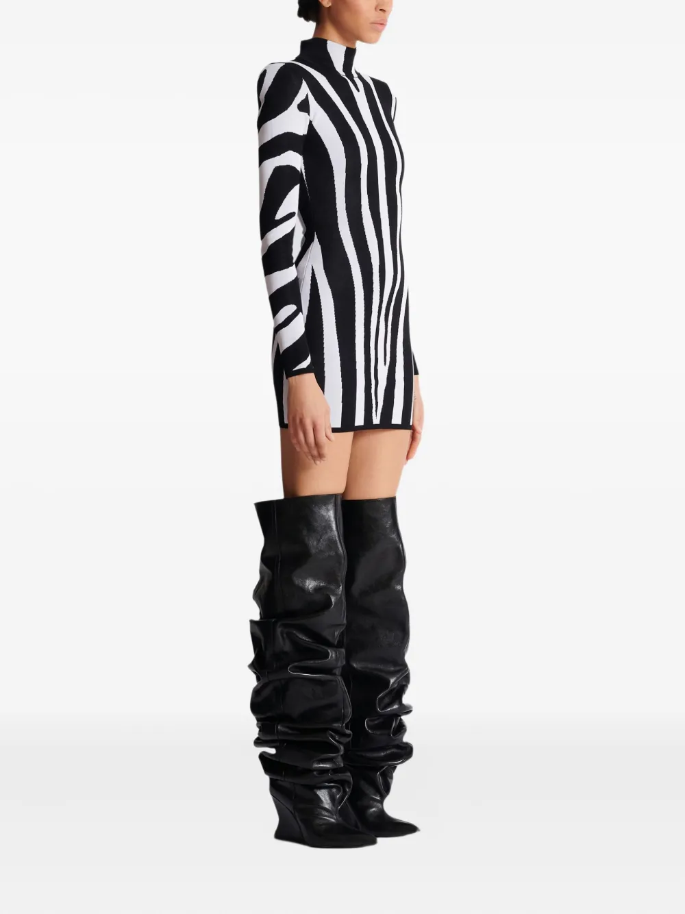 Balmain Short Knit Dress With Zebra Intarsia In Black