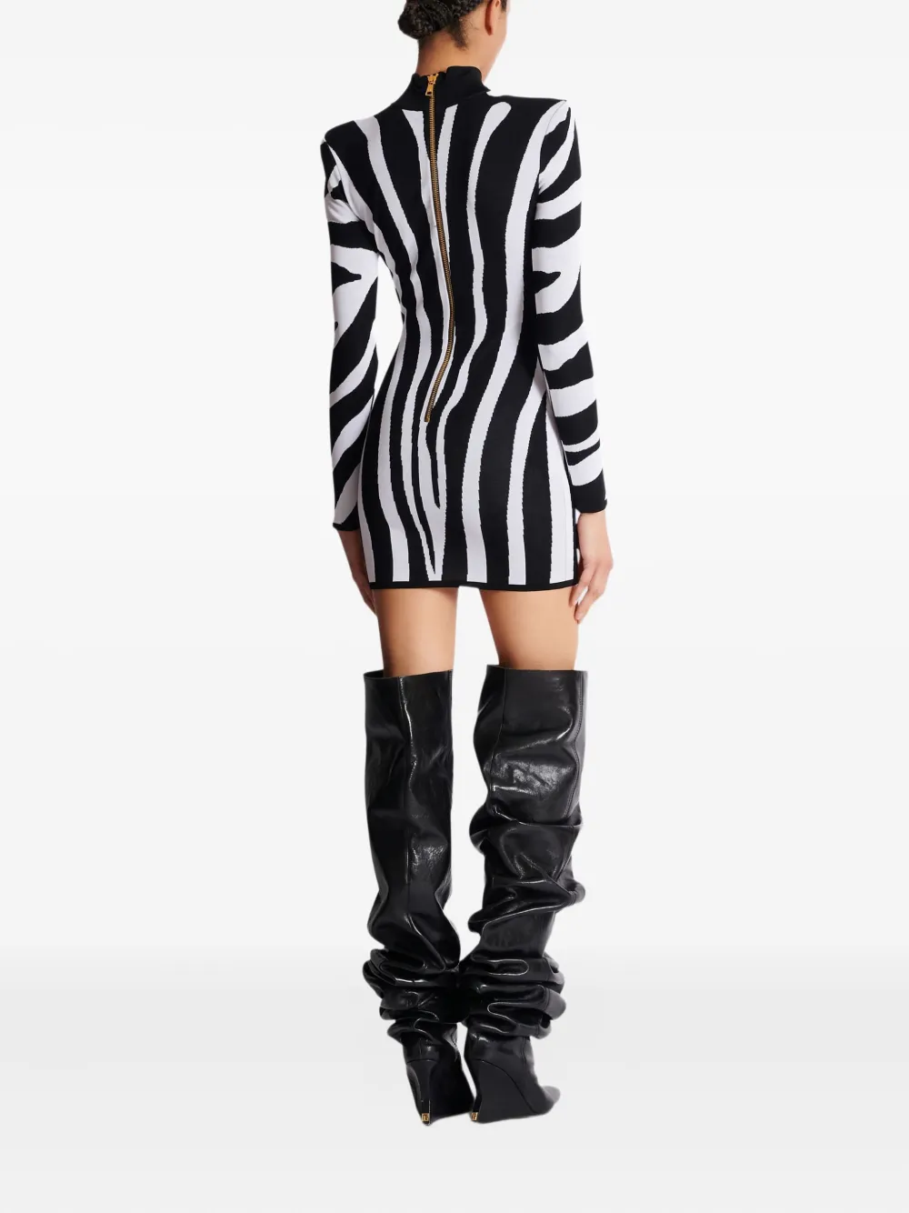 Balmain Short Knit Dress With Zebra Intarsia In Black