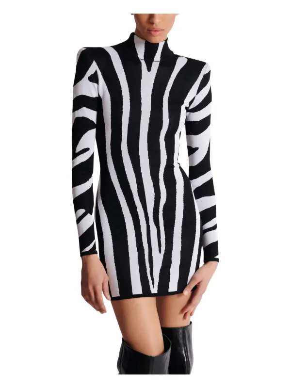 Balmain Zebra-intarsia High-neck Mini Dress - Black Balmain Zebra-intarsia High-neck Mini Dress - Black