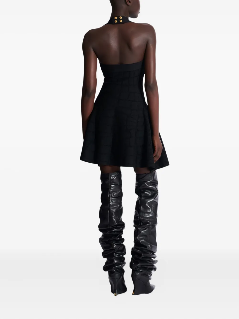 Balmain Flared Halterneck Dress In Crocodile Knit In Black
