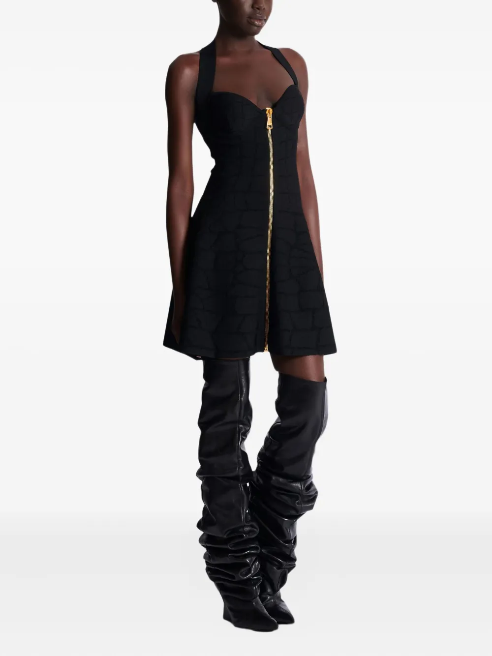 Balmain Flared Halterneck Dress In Crocodile Knit In Black