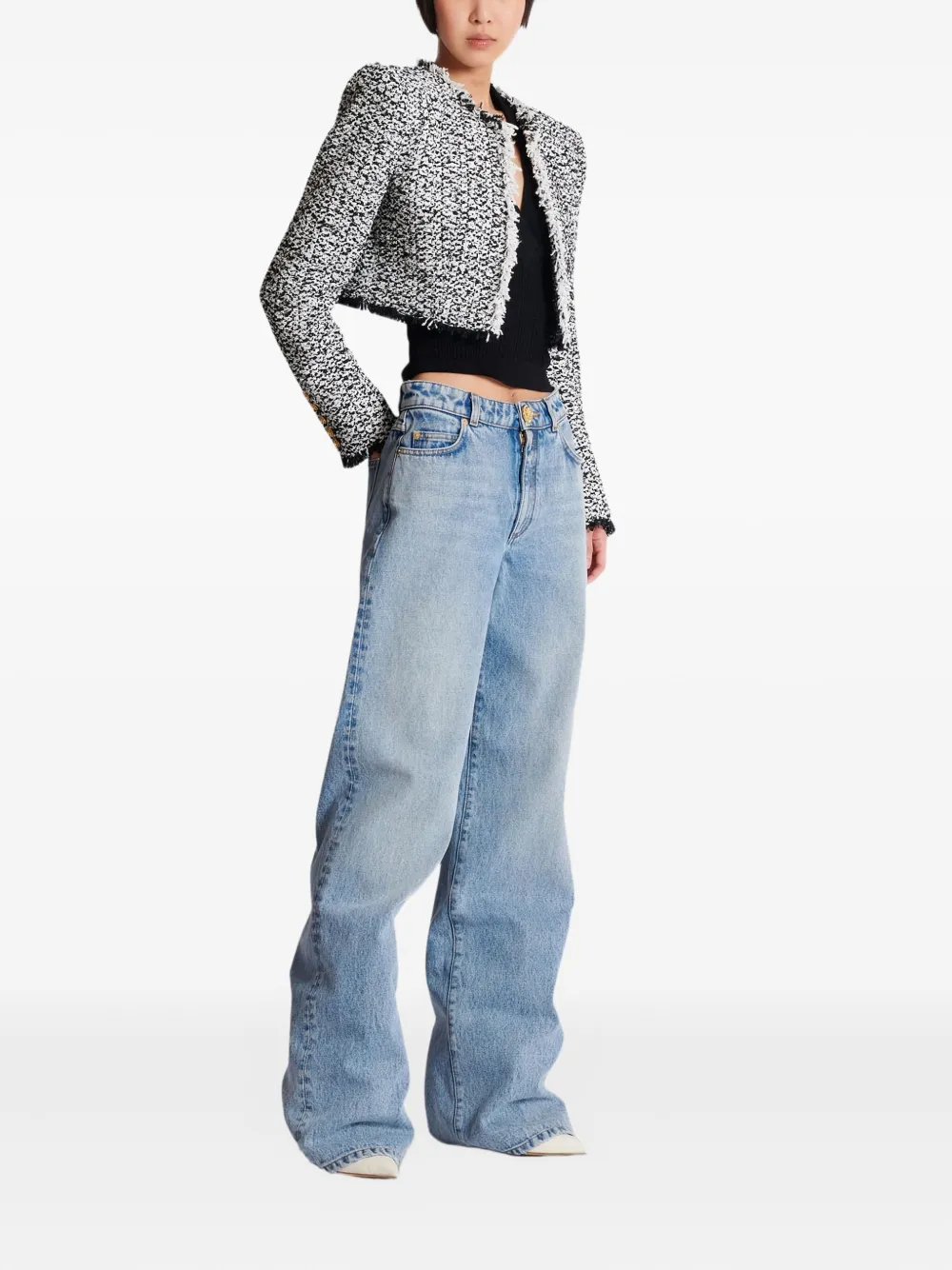 Balmain Tweed Cropped Jacket In Gray