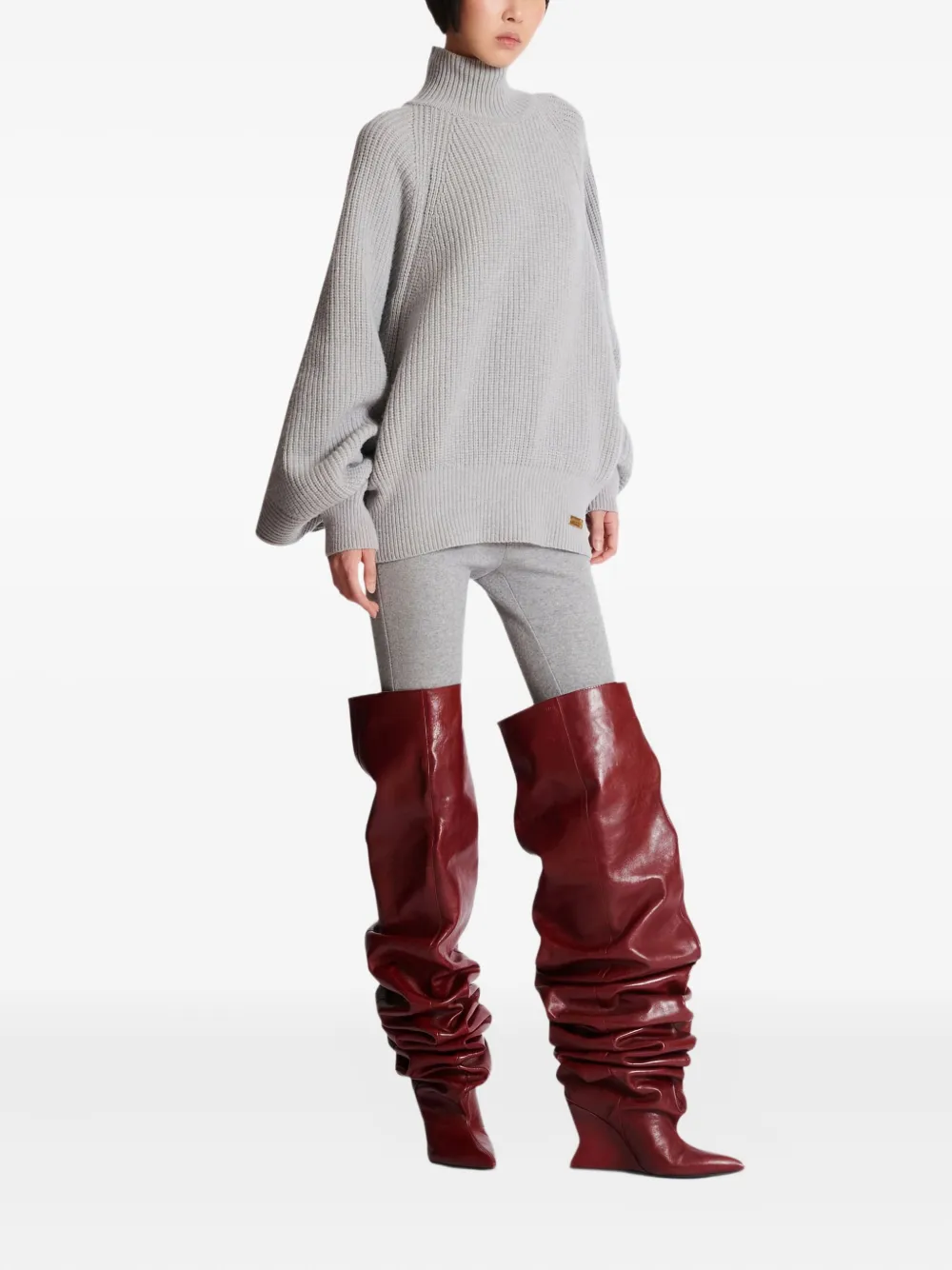 Balmain Turtleneck Ribbed Jumper In Gray