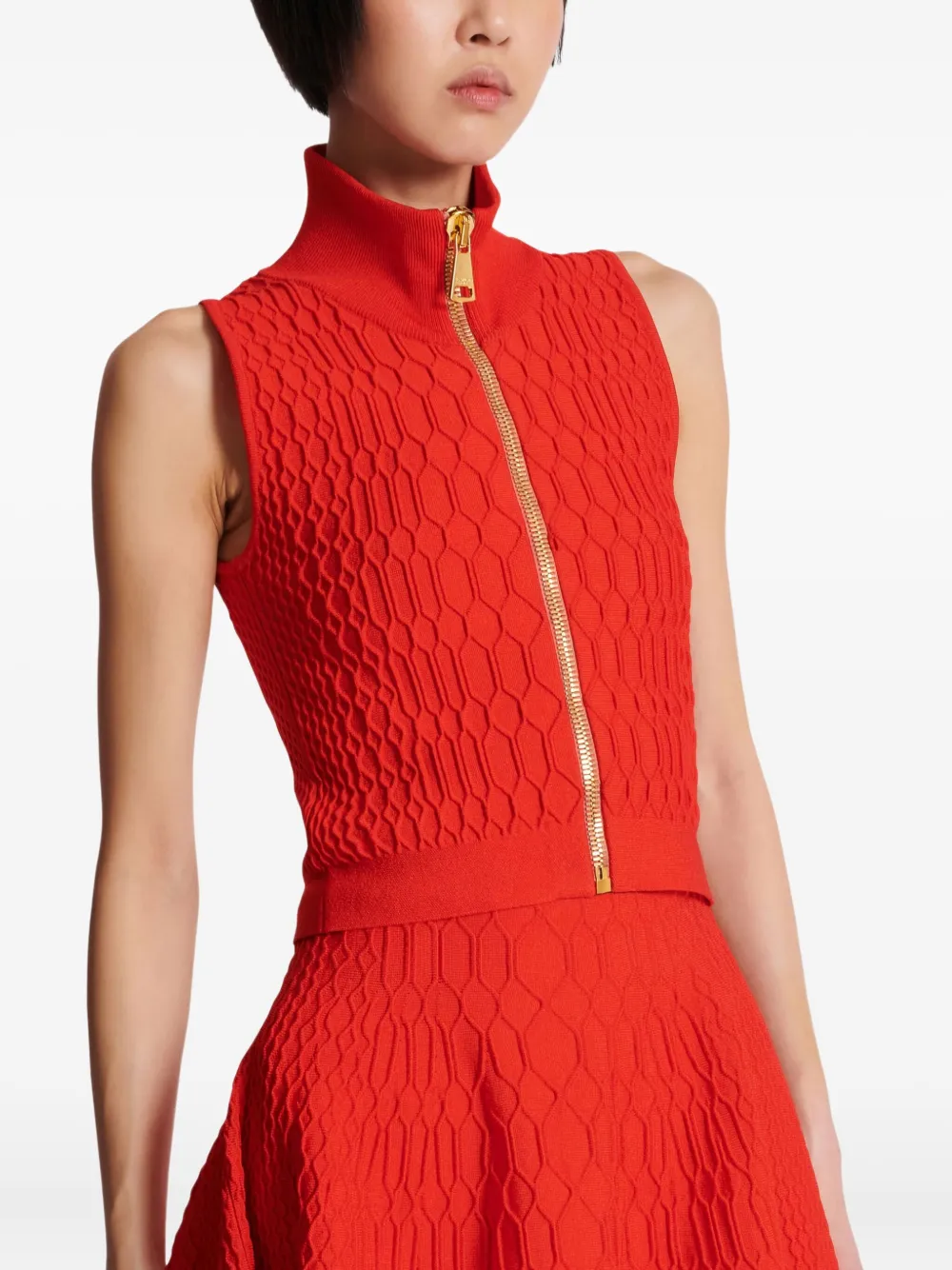 Balmain Sleeveless Crocodile-knit Top In Red